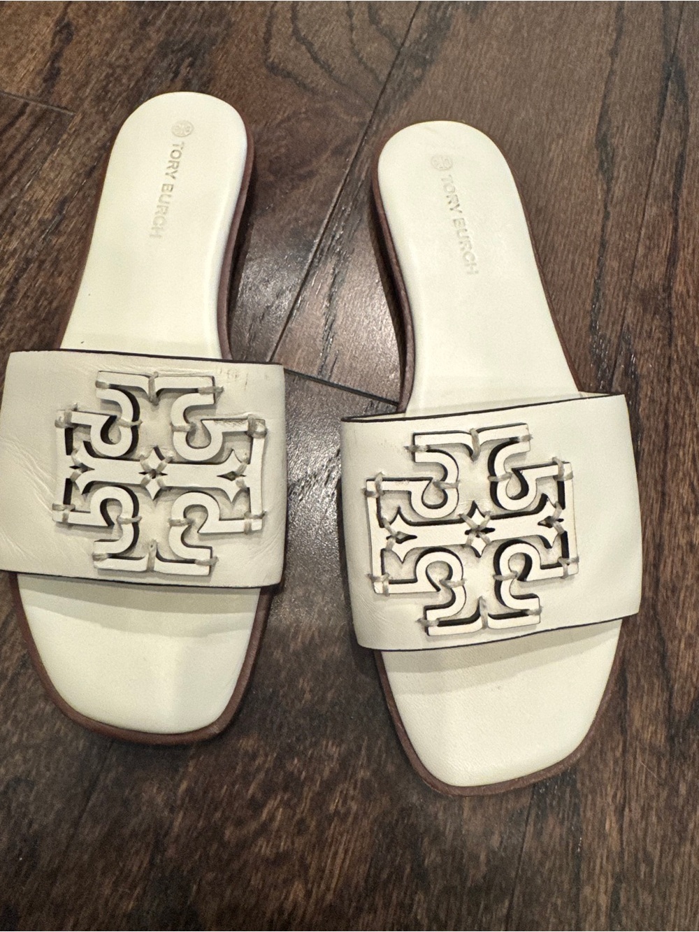 Tory Burch Cream Leather Logo Cutout Slide Sandals